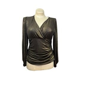 EXPRESS Women's M Metallic Gold Ribbed Ruched Crossover Bust Balloon Sleeve Top‎